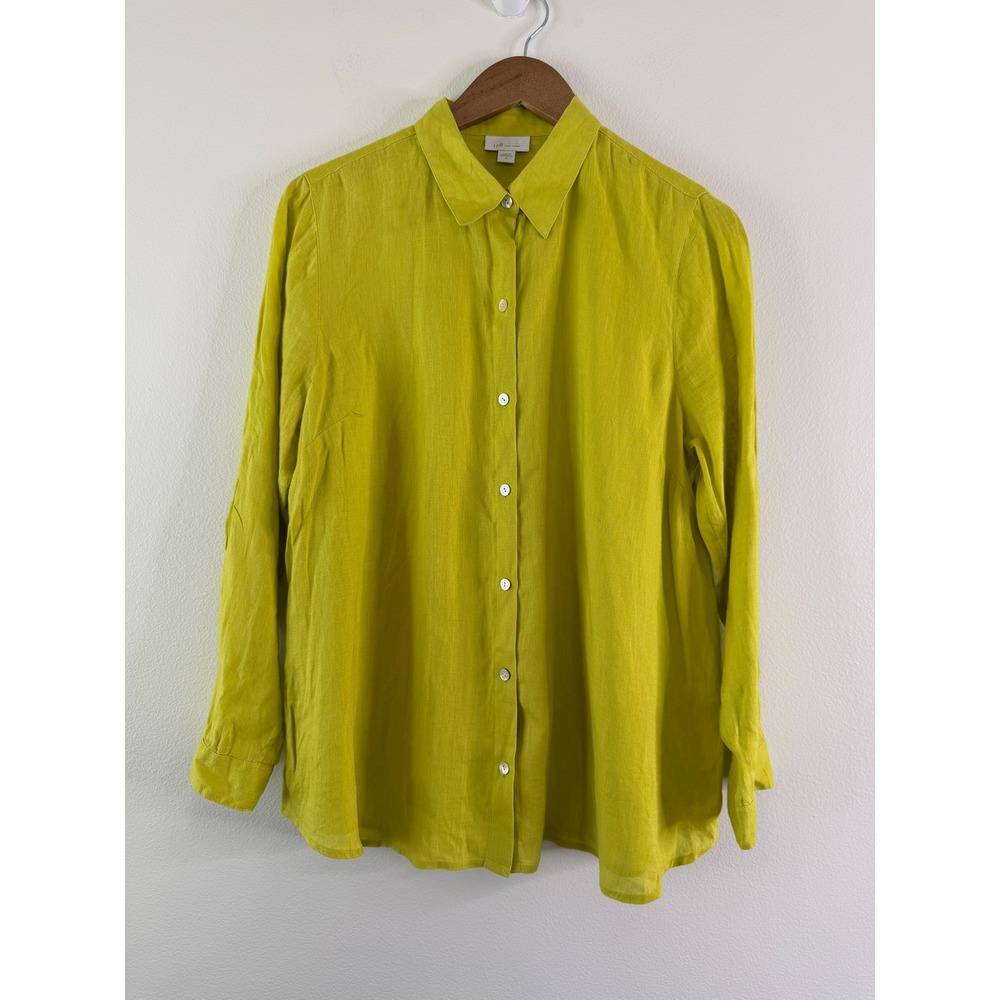J. Jill Love Linen Chartreuse Green Long Sleeve Button Down Shirt Womens Medium - Picture 2 of 8